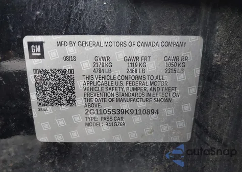 2019 Chevrolet Impala Premier z USA, uszkodzony, nr VIN 2G1105S39K9110894